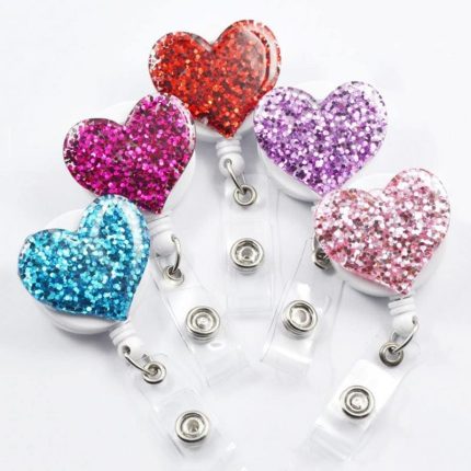 Promotional Festival Party YoYo Nurse Doctor Glitter Bling Heart Star Retractable ID Badge Reel Holder with Swivel Clip