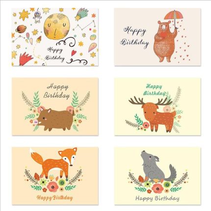6PCS Super Cute Animals Deer Fox Bear Happy Birthday Cards DIY Kids Gifts Folding Cards Blank Inside Greeting Invitation Cards