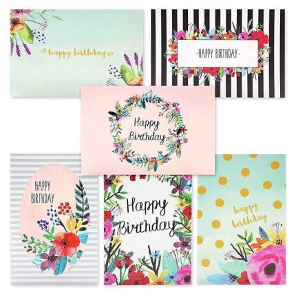 Juvale 48-Pack Bulk Happy Birthday Cards Box Set - 6 Unique Assorted Watercolor Floral Designs