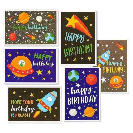 Birthday Card - 48-Pack Birthday Cards Box Set, 6 Outer Space Desings with Spaceships, Planets and Stars