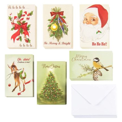 48-Pack Vintage Merry Christmas Greeting Cards Box Set - Holiday Greeting Cards with 6 Vintage Christmas Designs